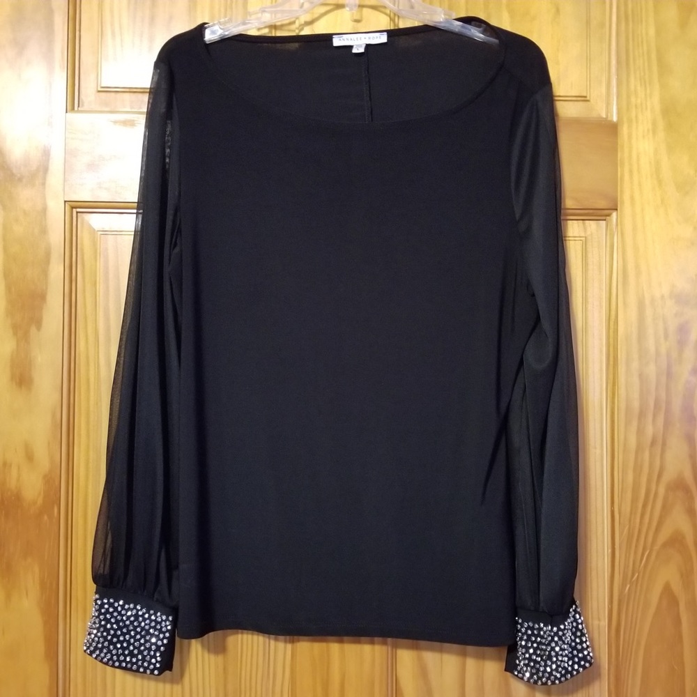 Fancy top sheer sleeves with rhinestones on cuffs
